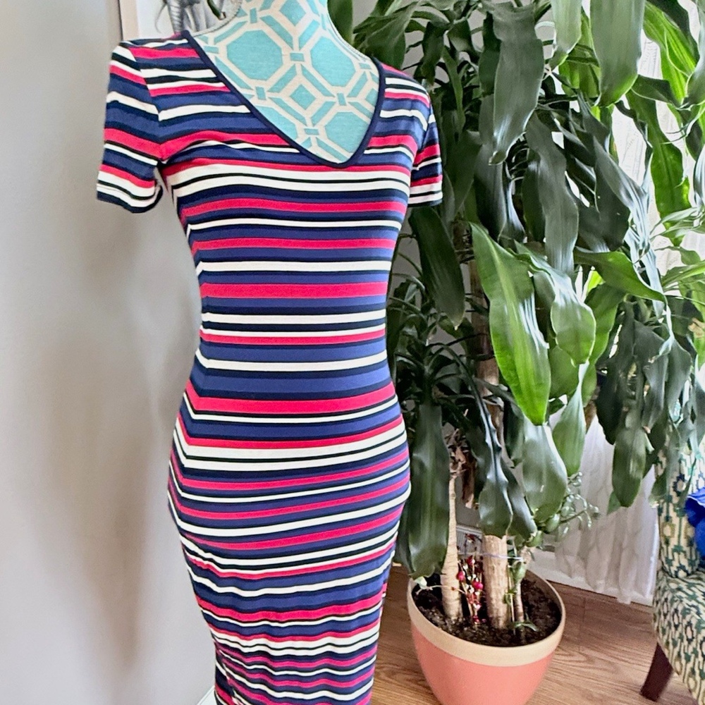 Legend Worldwide Striped V-Neck Short Sleeve Bodycon Knee Dress Navy Red S